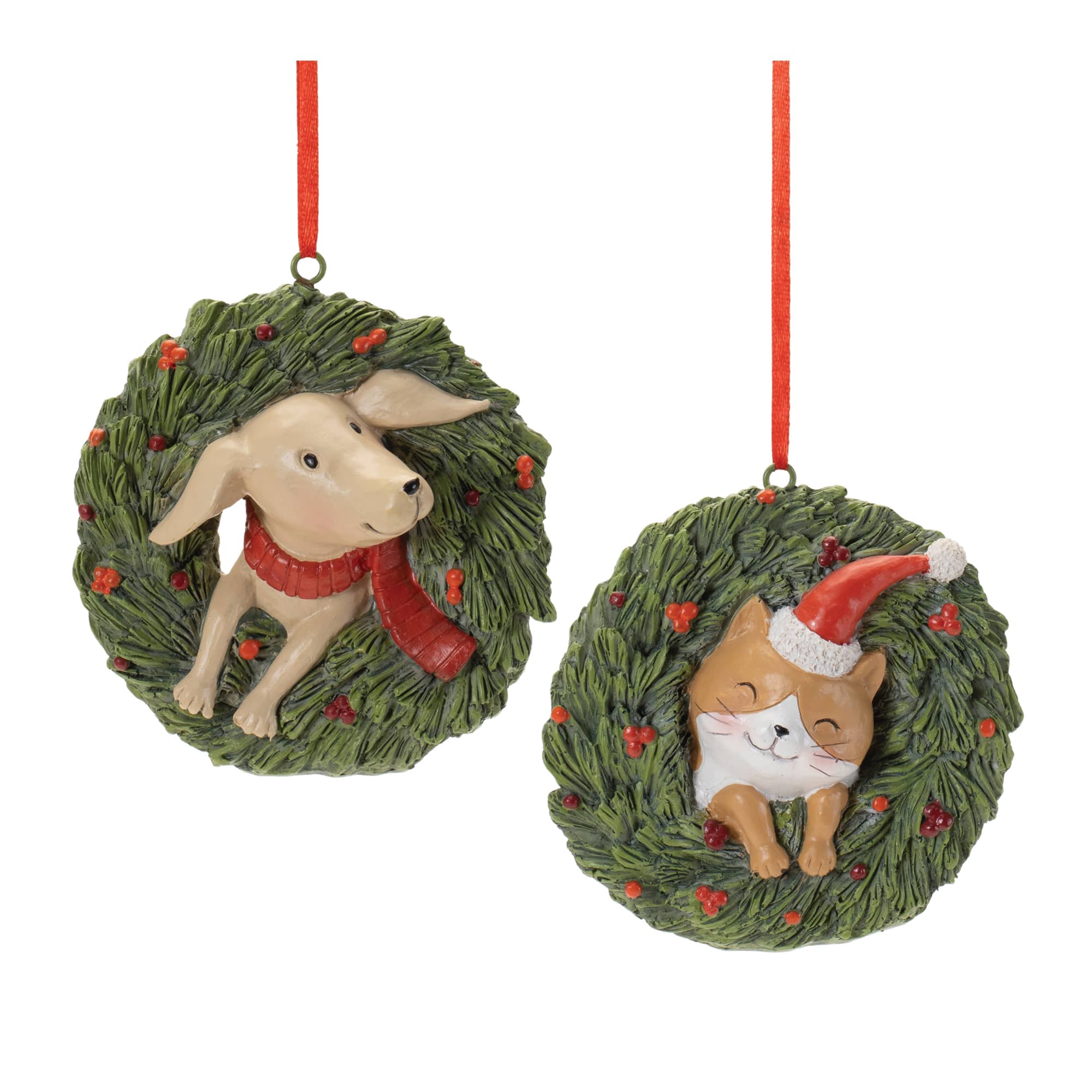 3.5" Cat & Dog in Pine Wreath Christmas Ornaments Set